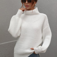 Woven Right High Neck Balloon Sleeve Rib-Knit Pullover Sweater