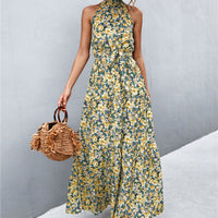 Printed Sleeveless Tie Waist Maxi Dress