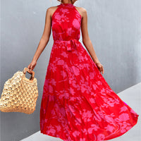 Printed Sleeveless Tie Waist Maxi Dress