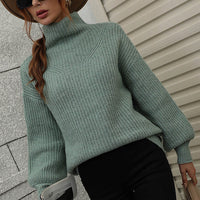 Woven Right High Neck Balloon Sleeve Rib-Knit Pullover Sweater