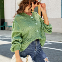 Openwork Pompom Puff Sleeve Cardigan