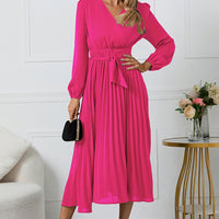 V-Neck Long Sleeve Tie Waist Midi Dress