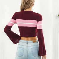 Ribbed Color Block Round Neck Cropped Sweater