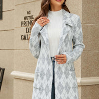Printed Open Front Lapel Collar Cardigan with Pockets