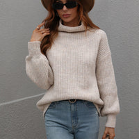 Woven Right High Neck Balloon Sleeve Rib-Knit Pullover Sweater