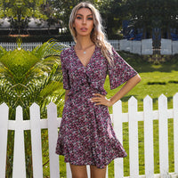 V-neck Short Sleeve Open Back Ruffle Dress