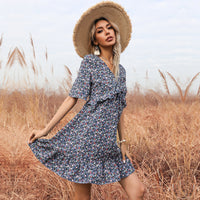 V-neck Short Sleeve Open Back Ruffle Dress