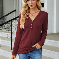 Cable-Knit Long Sleeve V-Neck T-Shirt