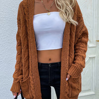 Cable-Knit Open Front Cardigan with Front Pockets