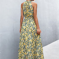 Printed Sleeveless Tie Waist Maxi Dress