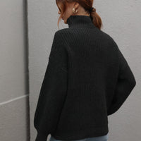 Woven Right High Neck Balloon Sleeve Rib-Knit Pullover Sweater