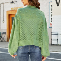 Openwork Pompom Puff Sleeve Cardigan