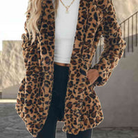 Leopard Collared Neck Coat with Pockets
