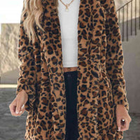 Leopard Collared Neck Coat with Pockets