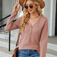 Cable-Knit Long Sleeve V-Neck T-Shirt