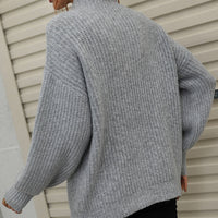 Woven Right High Neck Balloon Sleeve Rib-Knit Pullover Sweater