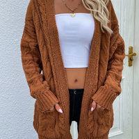 Cable-Knit Open Front Cardigan with Front Pockets