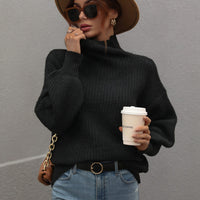 Woven Right High Neck Balloon Sleeve Rib-Knit Pullover Sweater