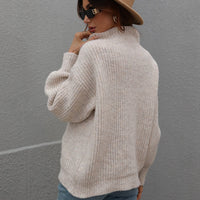 Woven Right High Neck Balloon Sleeve Rib-Knit Pullover Sweater