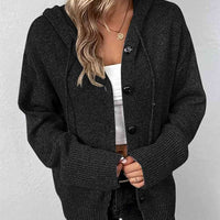 Button Up Drawstring Long Sleeve Hooded Cardigan