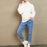 Woven Right High Neck Balloon Sleeve Rib-Knit Pullover Sweater