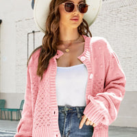 Openwork Pompom Puff Sleeve Cardigan