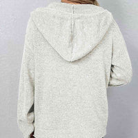 Button Up Drawstring Long Sleeve Hooded Cardigan