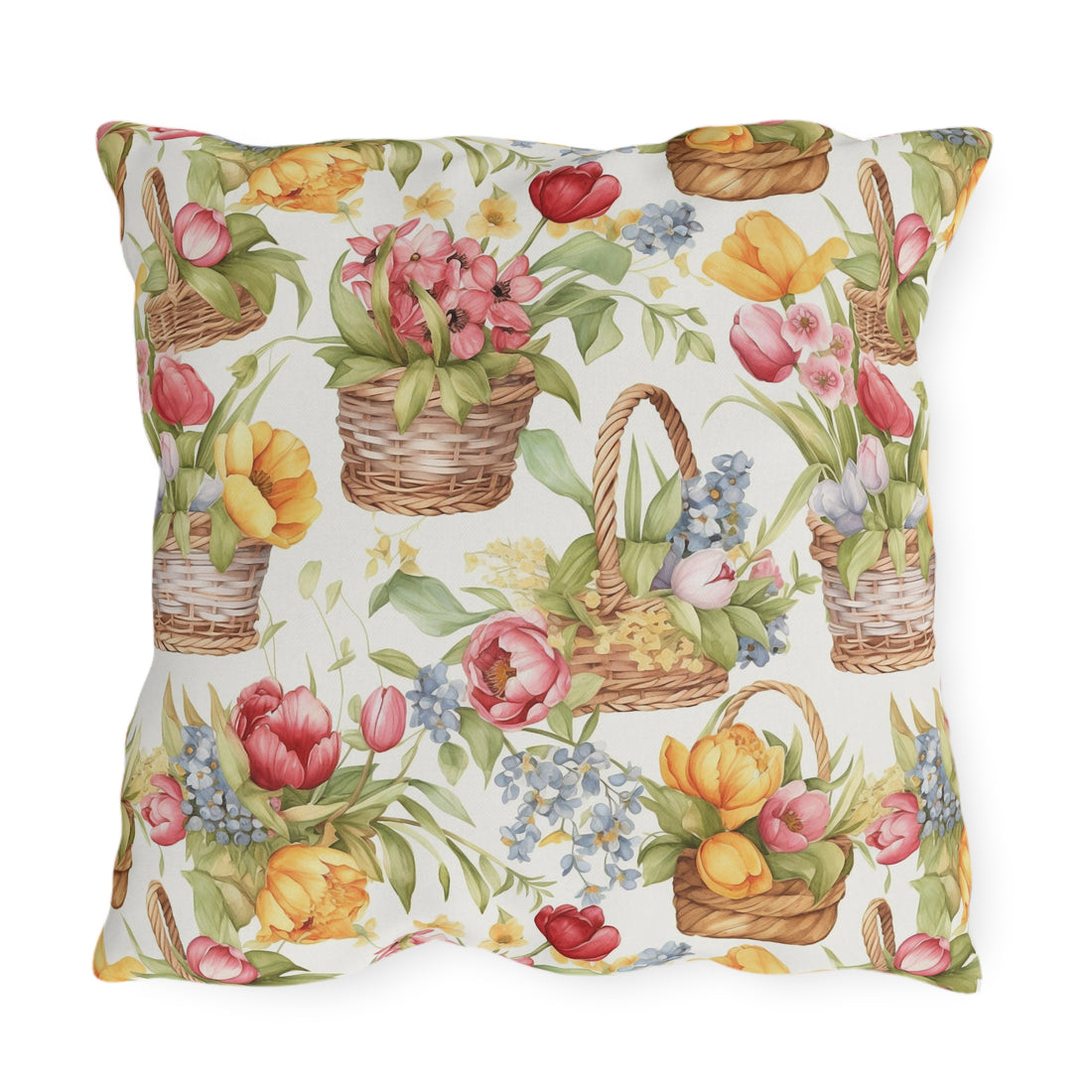 Weaved Baskets with Sunny Colored Flowers Patterned Outdoor Pillows