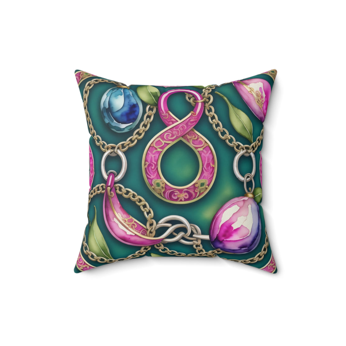 Oriental Remembrance Pink Cloisonné Harmony Spun Polyester Square Pillow with Green Backdrop