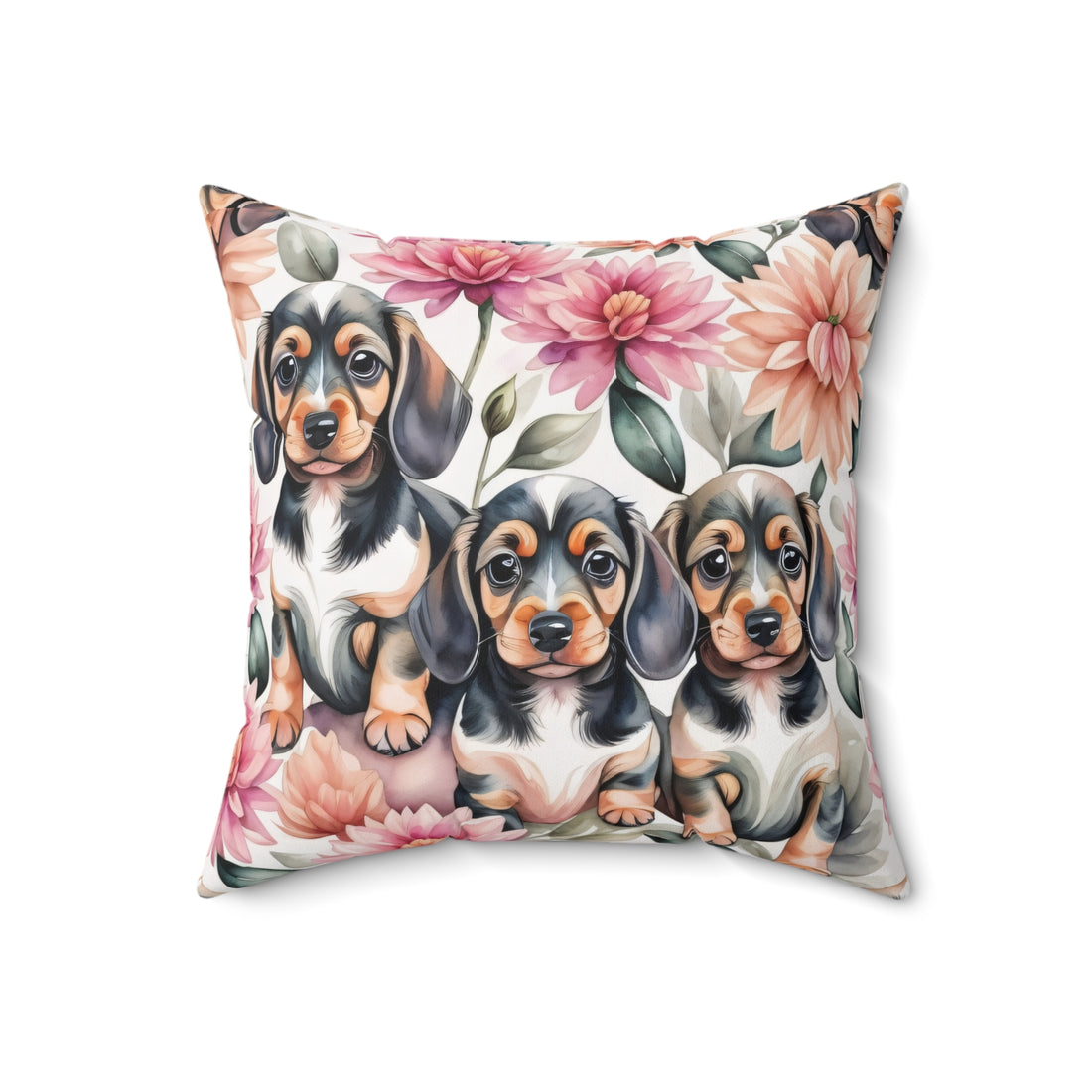 Dahlias and Dachshunds Polyester Square Pillow