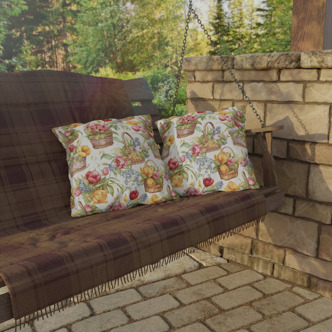 Weaved Baskets with Sunny Colored Flowers Patterned Outdoor Pillows