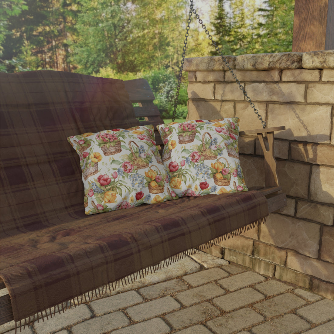 Weaved Baskets with Sunny Colored Flowers Patterned Outdoor Pillows