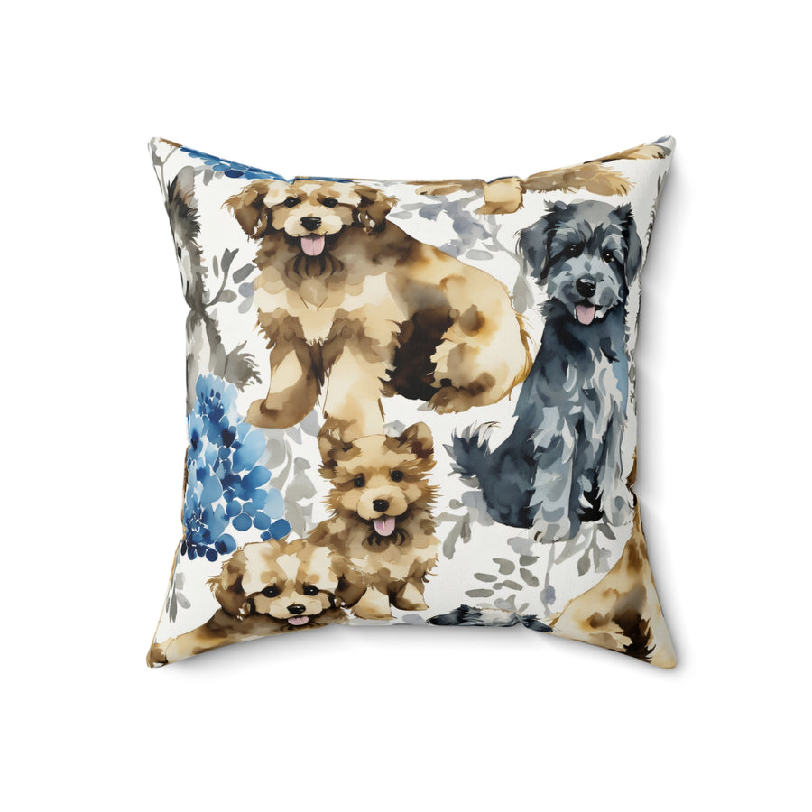 Puppies and Blue Hydrangeas Pillow from Yumigara