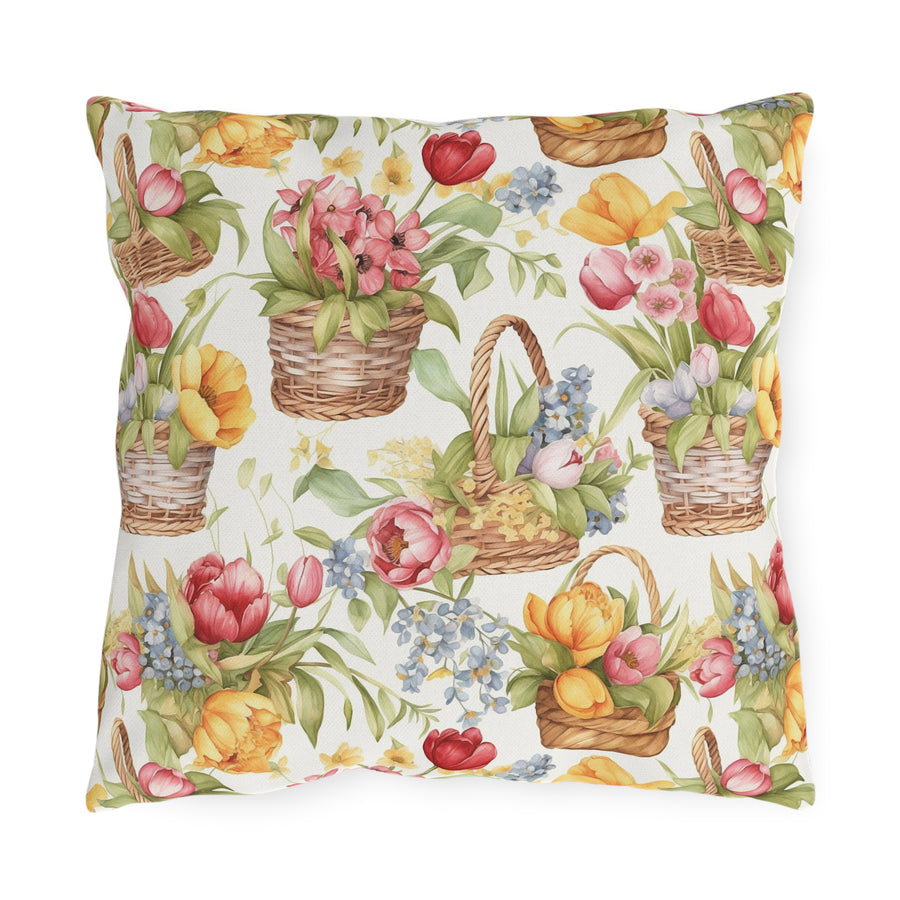 Weaved Baskets with Sunny Colored Flowers Patterned Outdoor Pillows