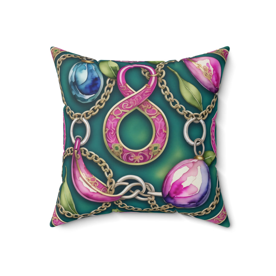 Oriental Remembrance Pink Cloisonné Harmony Spun Polyester Square Pillow with Green Backdrop