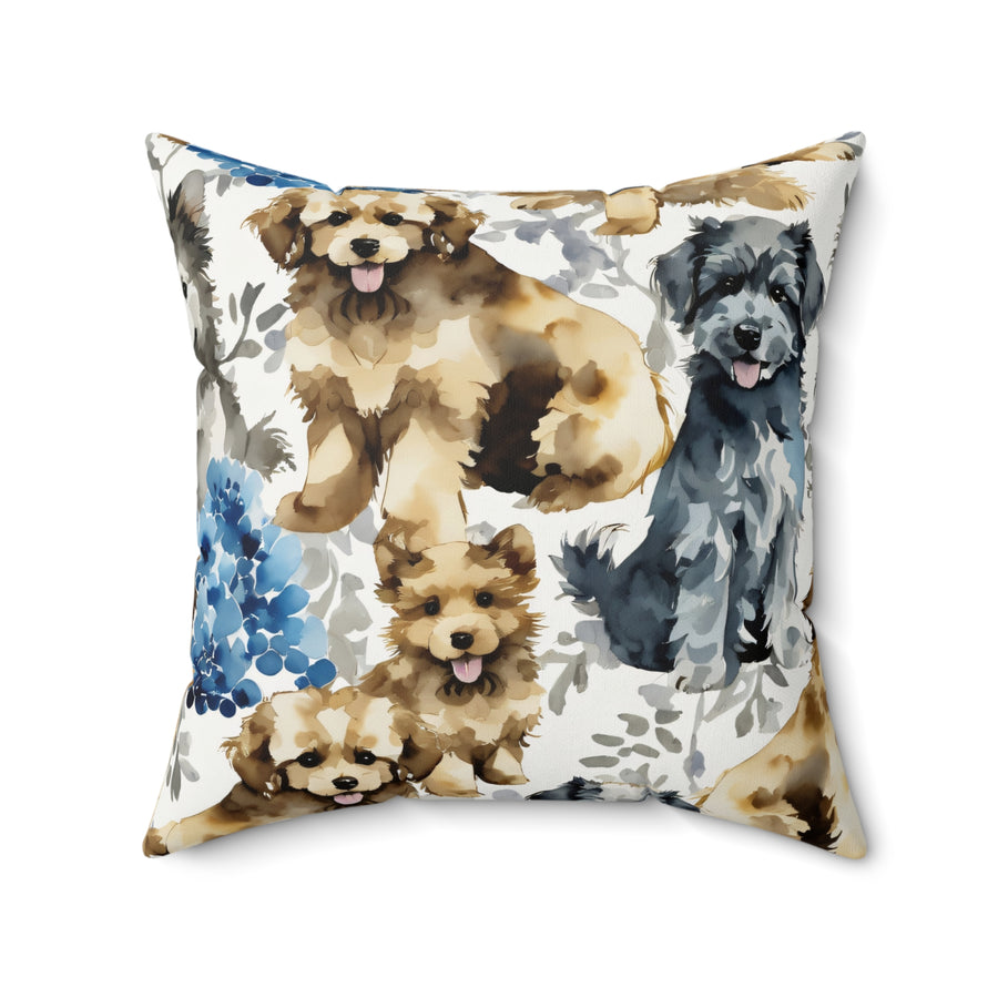 Puppies and Blue Hydrangeas Pillow from Yumigara