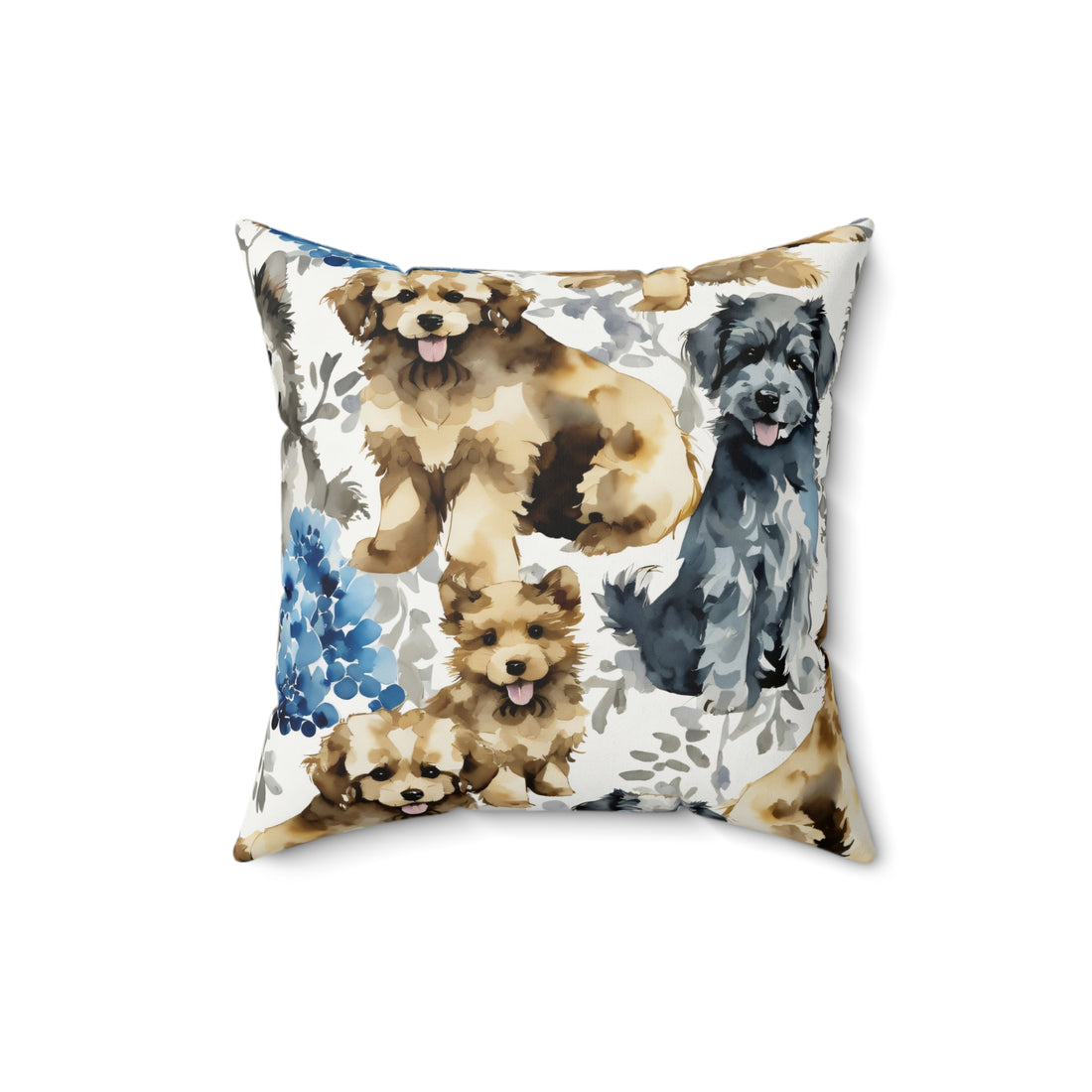 Puppies and Blue Hydrangeas Pillow from Yumigara