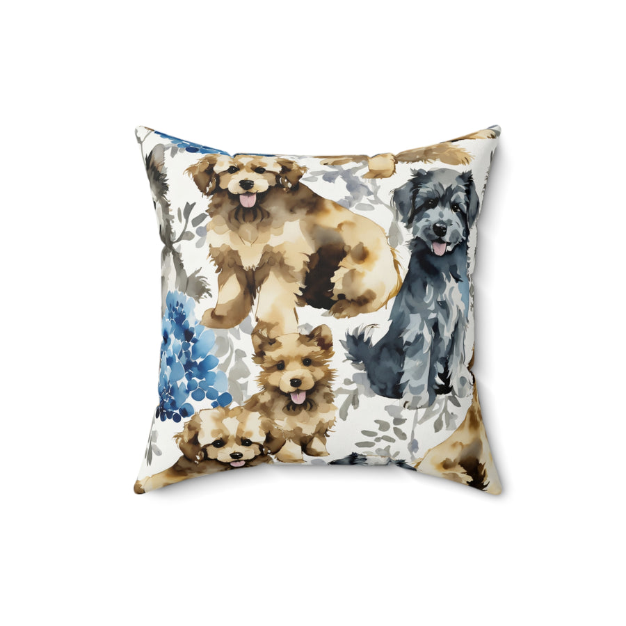 Puppies and Blue Hydrangeas Pillow from Yumigara