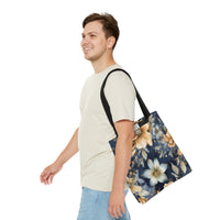 Blue and Beige Floral Tote Bag