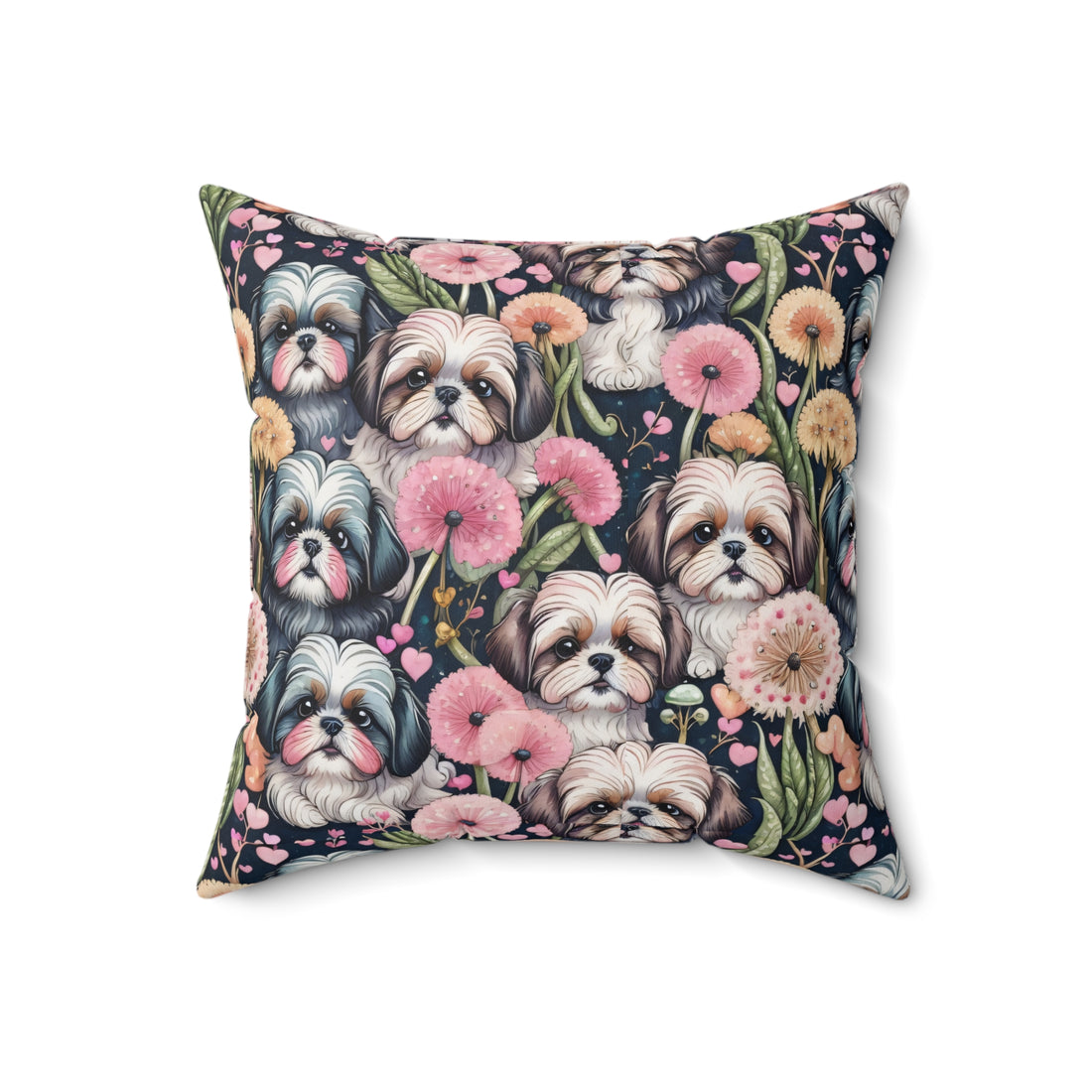 Shih Tzus and Dandelions Spun Polyester Square Throw Pillow