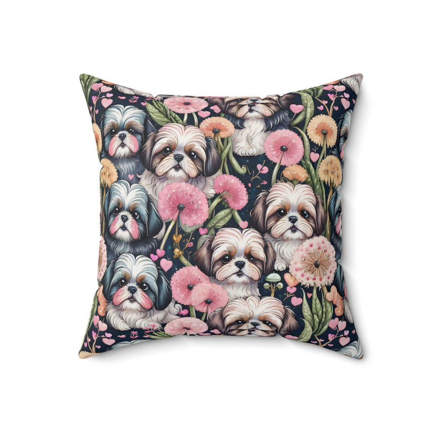 Shih Tzus and Dandelions Spun Polyester Square Throw Pillow