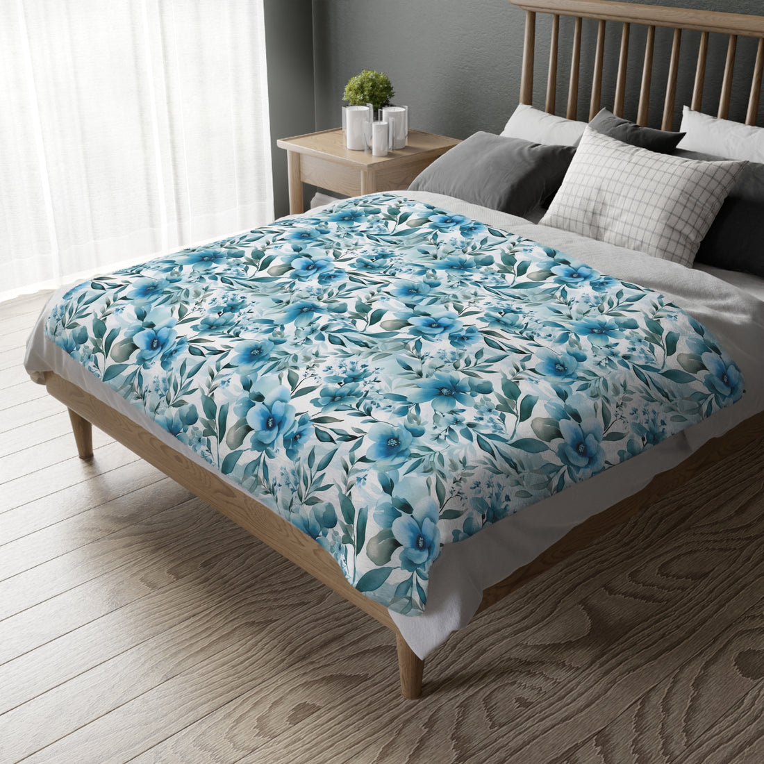 Floral Blue Velveteen Reversible Blanket