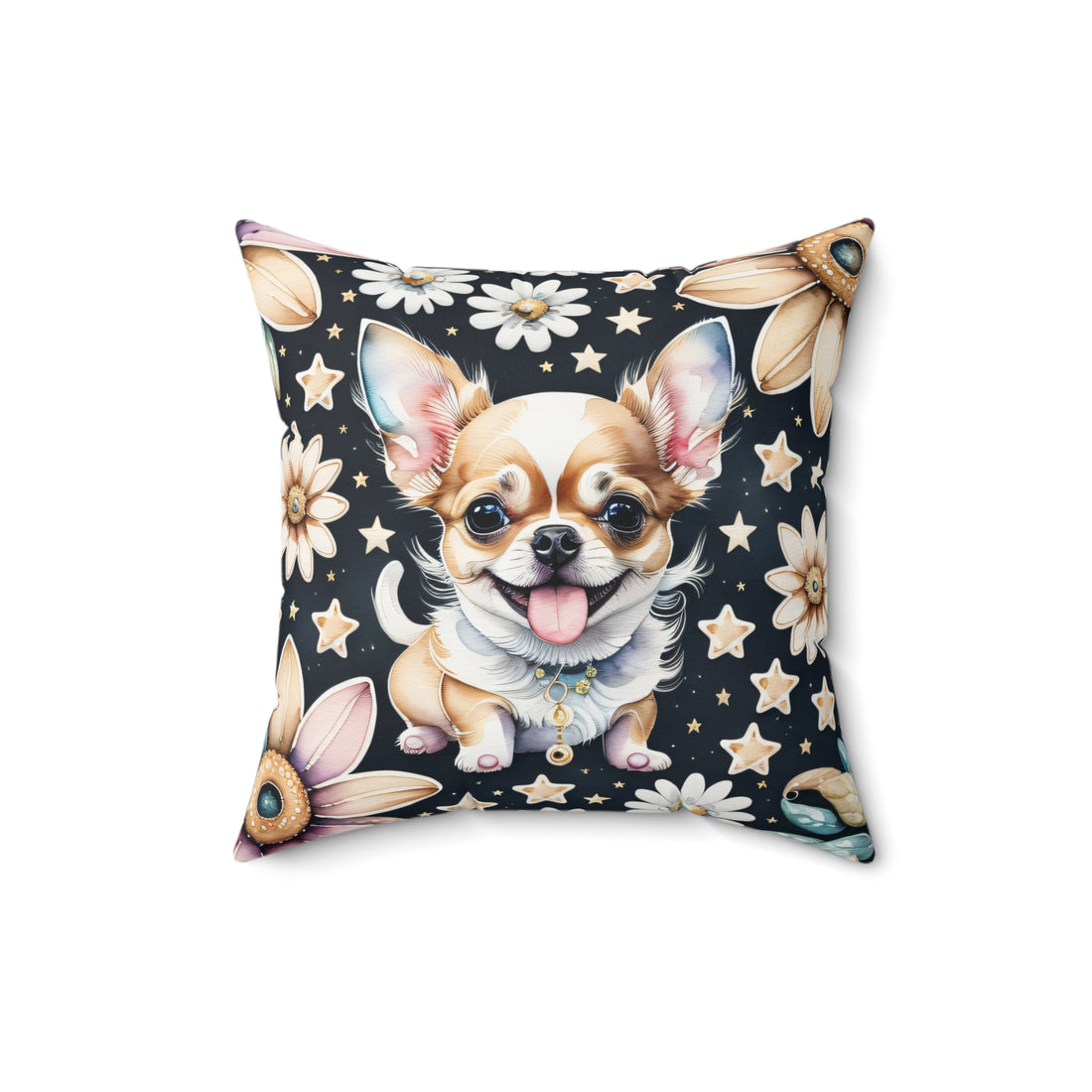 Chihuahua Daisy Midnight Stars Spun Polyester Square Pillow