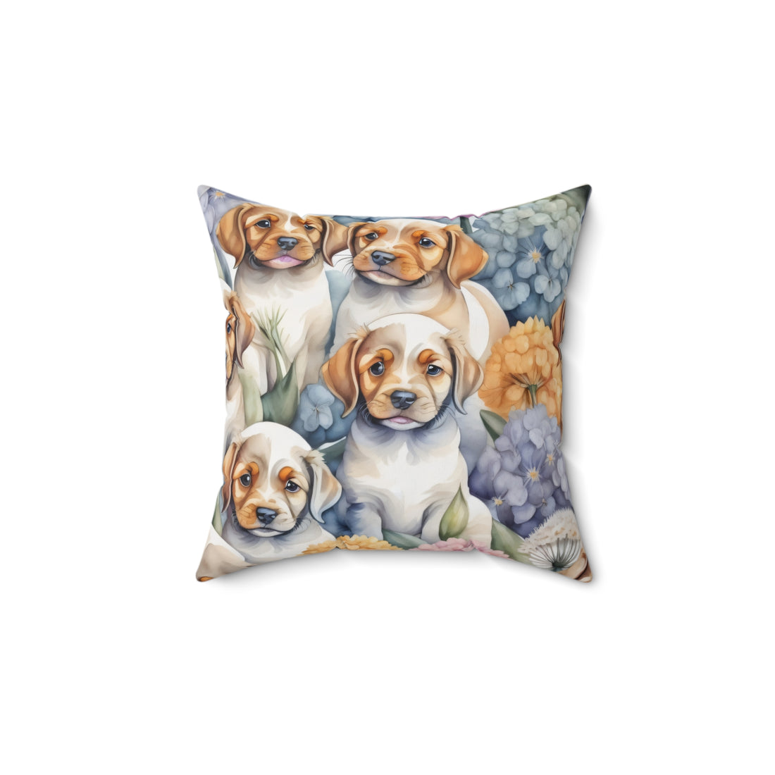 Puppies Playing By The Hydrangea Polyester Square Pillow