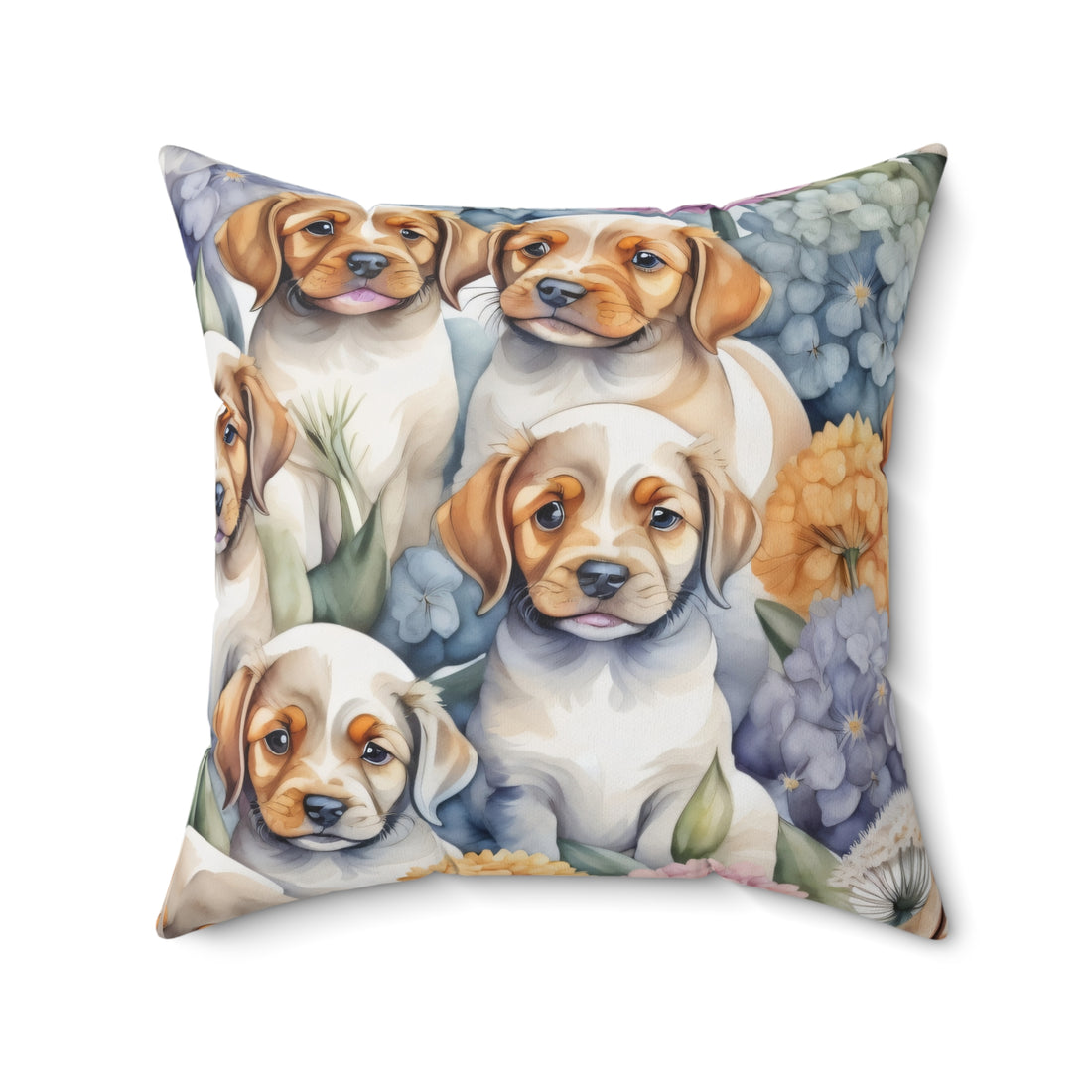Puppies Playing By The Hydrangea Polyester Square Pillow