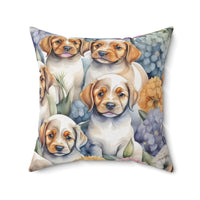 Puppies Playing By The Hydrangea Polyester Square Pillow