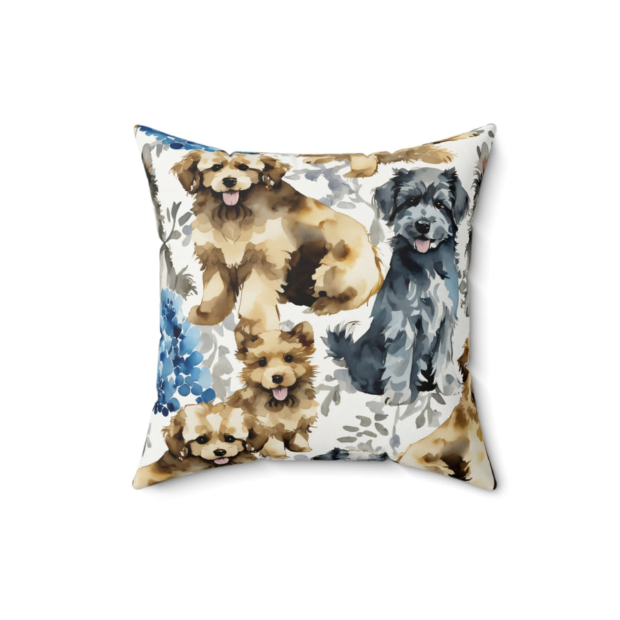 Puppies and Blue Hydrangeas Pillow from Yumigara