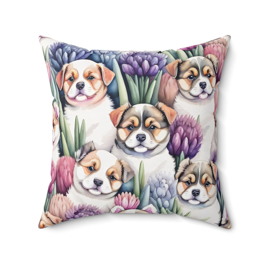 Curious Huskies in Hyacinths Spun Polyester Square Pillow