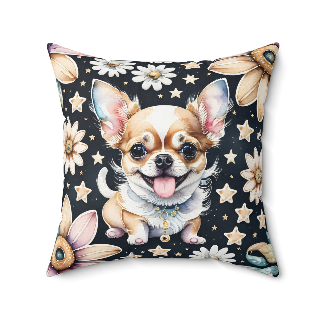 Chihuahua Daisy Midnight Stars Spun Polyester Square Pillow