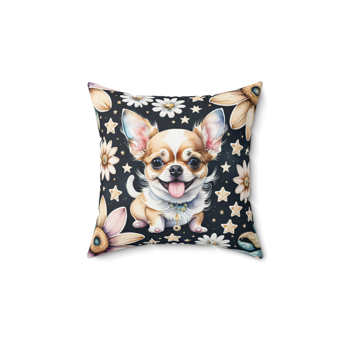 Chihuahua Daisy Midnight Stars Spun Polyester Square Pillow